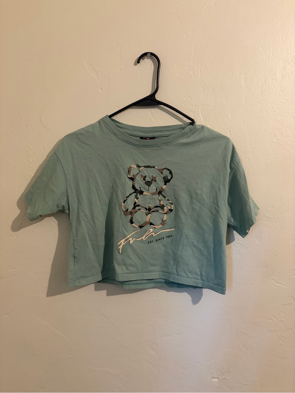 Women’s FUBU Light Teal Crop Top with Bear Graphic